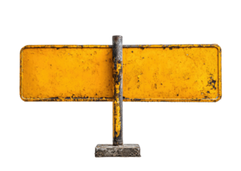 A weathered, empty, yellow sign on a metal post