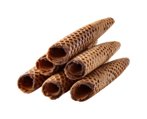 Stack of crunchy waffle rolls isolated on transparent background, png