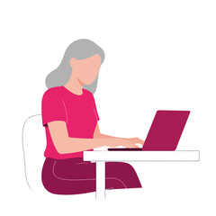Woman with laptop working at desk, depicted in a flat illustration style. Flat illustration includes a woman with a laptop, sitting at a minimalist desk,