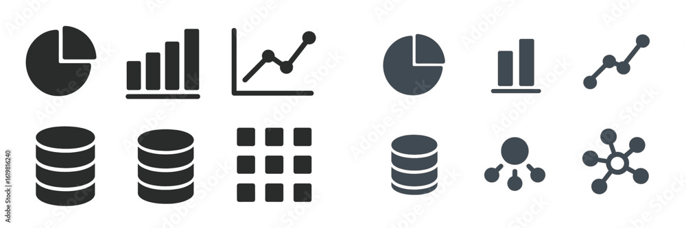 Poster visual representation of data analysis tools with various chart types and database icons for profess