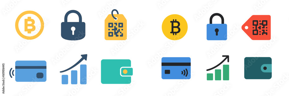 Poster cryptocurrency and digital wallet icons representing modern financial transactions in a streamlined 