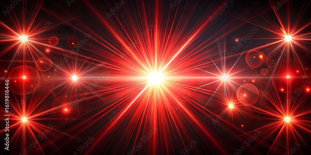 Poster intense red starburst explosion with bright shining light, radiating energy and power, creating a dy
