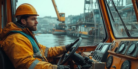 Construction worker operates a massive tower crane from its high cockpit, wearing a safety helmet and vest. He carefully maneuvers the controls, lifting heavy materials with precision