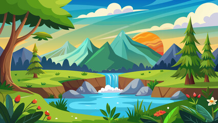 Vector art of vibrant cartoon landscape with a flowing river, majestic mountains, lush green trees, and a bright sun setting behind the peaks, creating a serene natural scene