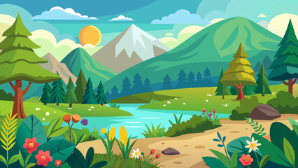 Vector art of idyllic cartoon landscape featuring verdant trees, gentle hills, a winding river, and distant snowcapped mountains under a bright, cloudy sky