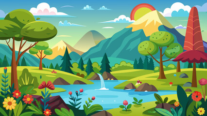 Vector art of charming cartoon landscape showcasing a gentle waterfall feeding a clear river, surrounded by rolling hills, diverse trees, and vibrant wildflowers under a sunny sky