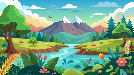 Vector art of idyllic cartoon landscape featuring a winding river, snowcapped mountains, verdant trees, and colorful flowers under a bright sky with fluffy clouds