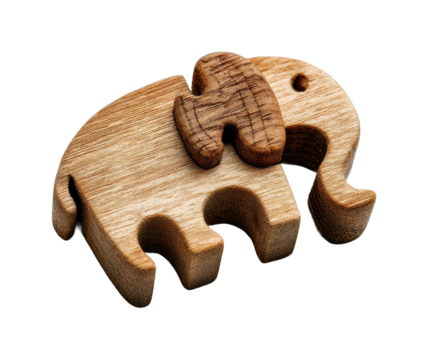 Wooden elephant puzzle toy isolated on transparent background, png