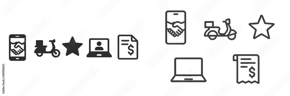 Poster icons representing various digital transactions and services for delivery and communication in conte