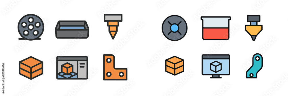 Poster icons illustrating various tools and technologies used in manufacturing processes and 3d modeling ap