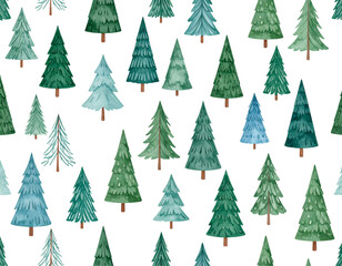 Fototapeta premium A seamless vector pattern featuring festive green Christmas trees with snow and stars, perfect for a winter holiday celebration background
