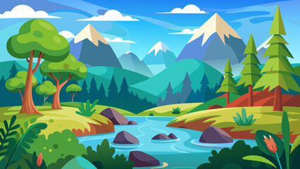 Vector art of scenic cartoon vista of a flowing river through rolling hills and mountains, adorned with trees, rocks, flowers, and a bright sun in a blue sky