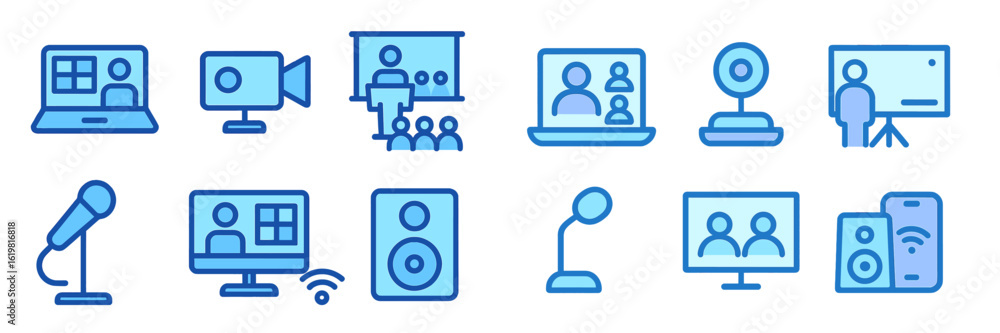 Poster collection of digital communication icons illustrating various audio and visual tools for online pre