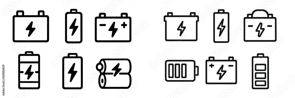 Poster visual representation of various battery types and their symbols in a clean and minimalistic design 