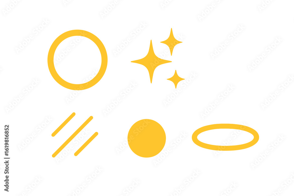 Poster yellow shapes and symbols in a minimalistic style on a white background for creative design projects