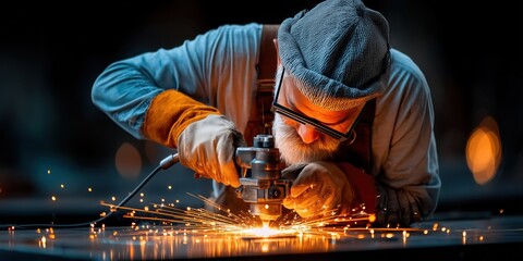 Skilled welder is welding steel in a factory, creating a shower of bright sparks. Wearing protective gear, including a welding helmet and gloves
