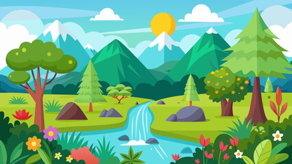 Vector art of vibrant cartoon landscape with majestic mountains, a flowing river, lush green trees, and colorful flowers under a bright sunny sky, evoking a sense of natural beauty and tranquility