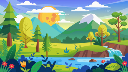 Vector art of vibrant cartoon landscape with rolling green hills, majestic mountains, a winding river with a waterfall, and lush trees under a bright sunny sky with fluffy clouds