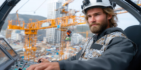 Construction worker operates a massive tower crane from its high cockpit, wearing a safety helmet and vest. He carefully maneuvers the controls, lifting heavy materials with precision