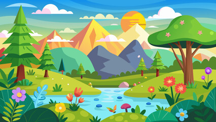Vector art of charming cartoon illustration of a picturesque natural landscape with a gentle river, colorful wildflowers, green hills, and striking mountains under a bright sky