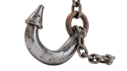 Crane Hook and Chain Icon: Icon of a crane hook and chain, used for lifting heavy loads, isolated on a Transparent background, PNG file.