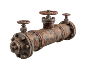Rusty vintage metal valve with double wheel handles isolated on transparent background, png