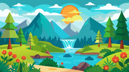 Vector art of vibrant flat illustration of a serene mountain landscape with a flowing river, waterfall, and lush greenery under a bright sunny sky with fluffy clouds