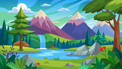 Vector art of colorful flat illustration of majestic purple mountains, a winding river, waterfall, and vibrant flora under a clear blue sky with scattered clouds