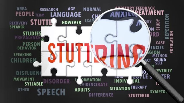 Stuttering under magnifying glass, being researched, studied and examined. Most important subjects and ideas closely related to stuttering written around a puzzle.Can be looped.