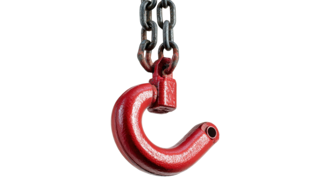 Crane Hook and Chain Icon: Icon of a crane hook and chain, used for lifting heavy materials, isolated on a Transparent background, PNG file.