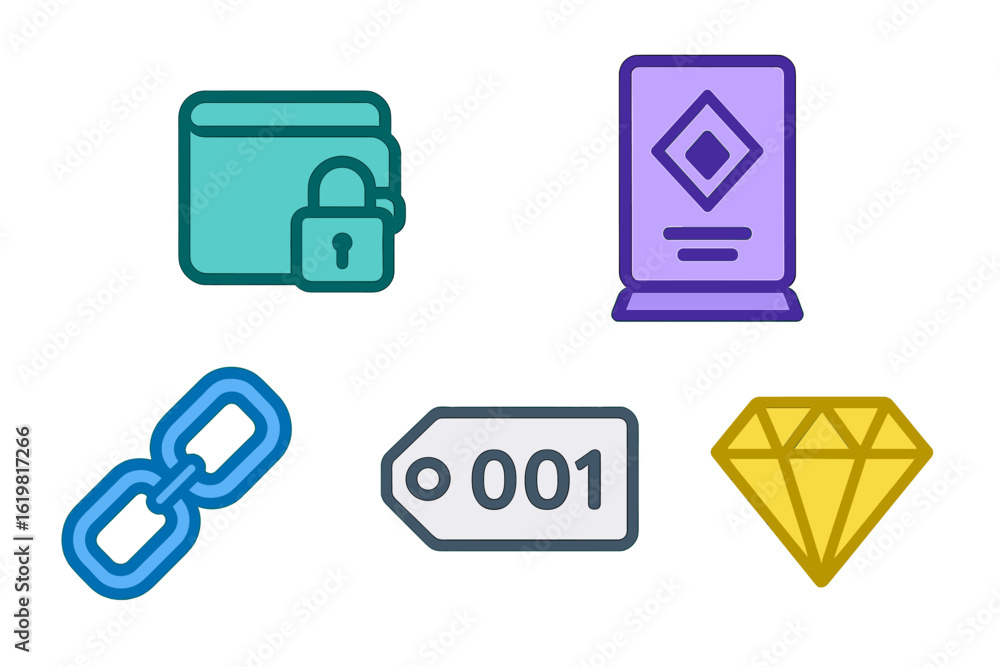 Poster digital icons representing security, value, and identification in a modern design layout