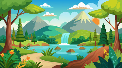Vector art of vibrant cartoon landscape with a majestic mountain, a flowing river, a cascading waterfall, lush green trees, and colorful flowers under a bright blue sky with fluffy clouds