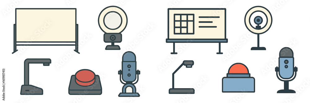 Aufkleber collection of audio-visual equipment for presentations and recordings in a modern workspace setting