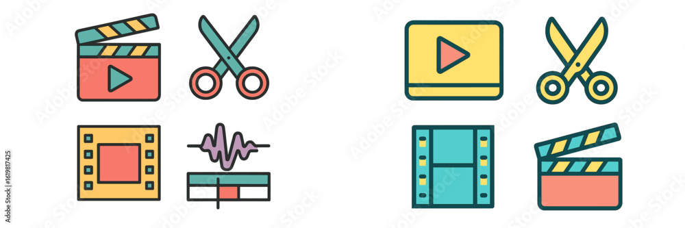Poster visual representation of video editing tools and symbols in a colorful design showcasing clapperboar