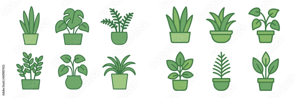 Poster variety of potted green plants arranged in a neat pattern showcasing different types and shapes