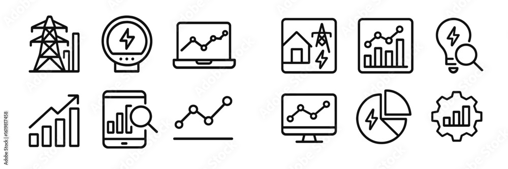 Poster electricity and data symbols representing energy efficiency and consumption analysis in a modern dig