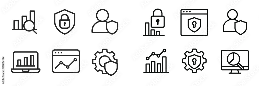 Poster symbols represent data security and analytics with charts, shields, and lock icons in a clean design
