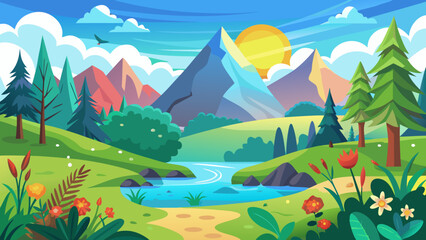 Vector art of vibrant cartoon landscape with a winding river flowing through rolling green hills and majestic mountains under a bright sunny sky with fluffy clouds