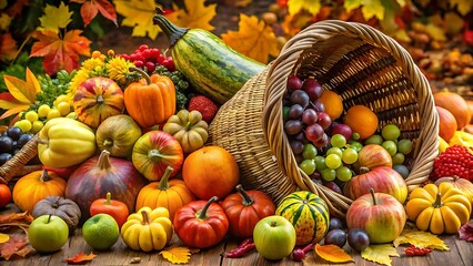 Cornucopia overflowing with a rich harvest of autumn fruits and vegetables on a wooden table