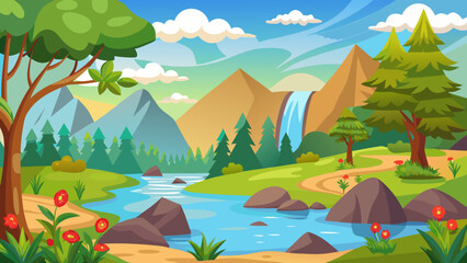 Vector art of idyllic cartoon scenery featuring a serene river with a gentle waterfall cascading down mountains, surrounded by lush forests and vibrant flora