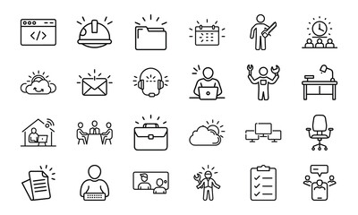 An icon pack featuring a diverse range of outline symbols for business, technology, productivity, and professional services.