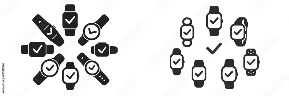 Poster variety of smartwatches displayed in organized patterns emphasizing their features and designs