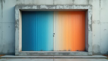 Colorful garage doors on a concrete building.