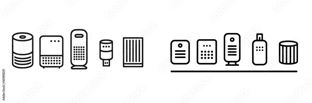 Poster different types of home appliances displayed in a minimalist style showcasing their varied designs a