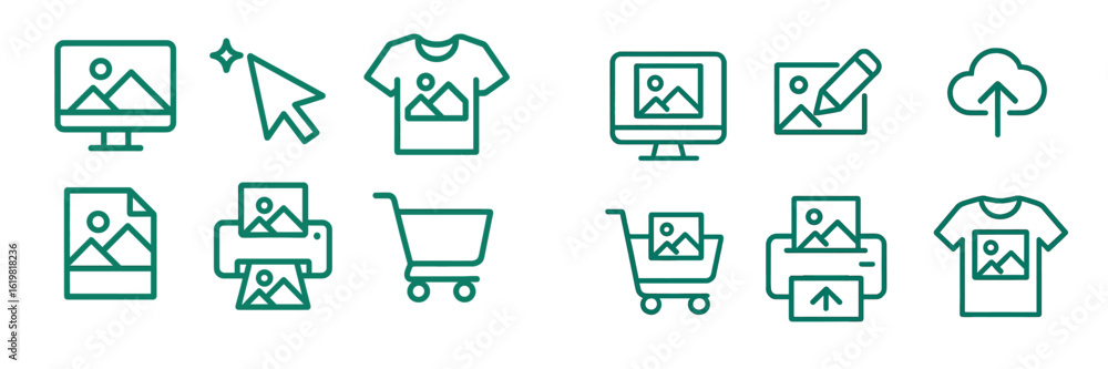 Poster graphic icons representing digital tasks related to images and e-commerce in a minimalist design