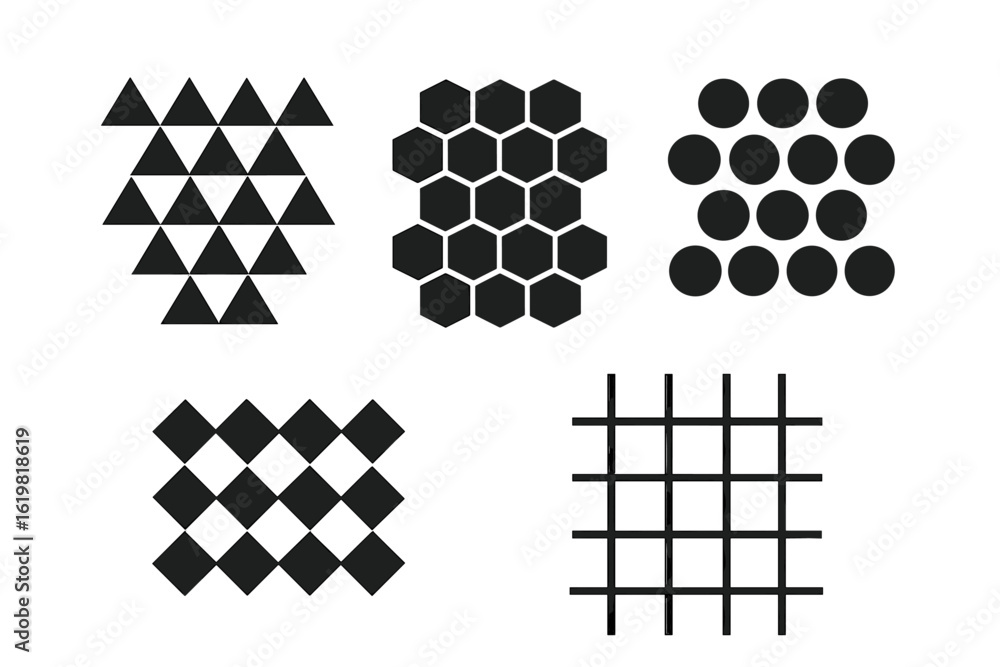 Poster abstract geometric patterns featuring triangles, hexagons, circles, and grids in black on a white ba