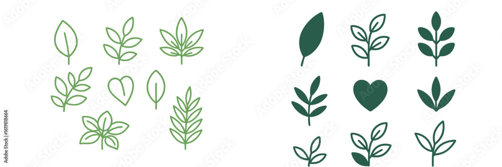 Poster different types of leafy designs in a minimalist style for nature-themed projects