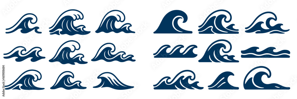 Poster various wave designs showcasing ocean movement and patterns in a clean, minimalist style