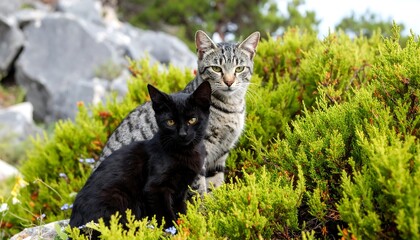 Two cats nestled in a vibrant bush