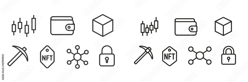 Poster collection of cryptocurrency and blockchain icons representing wallets, nfts, and security features 